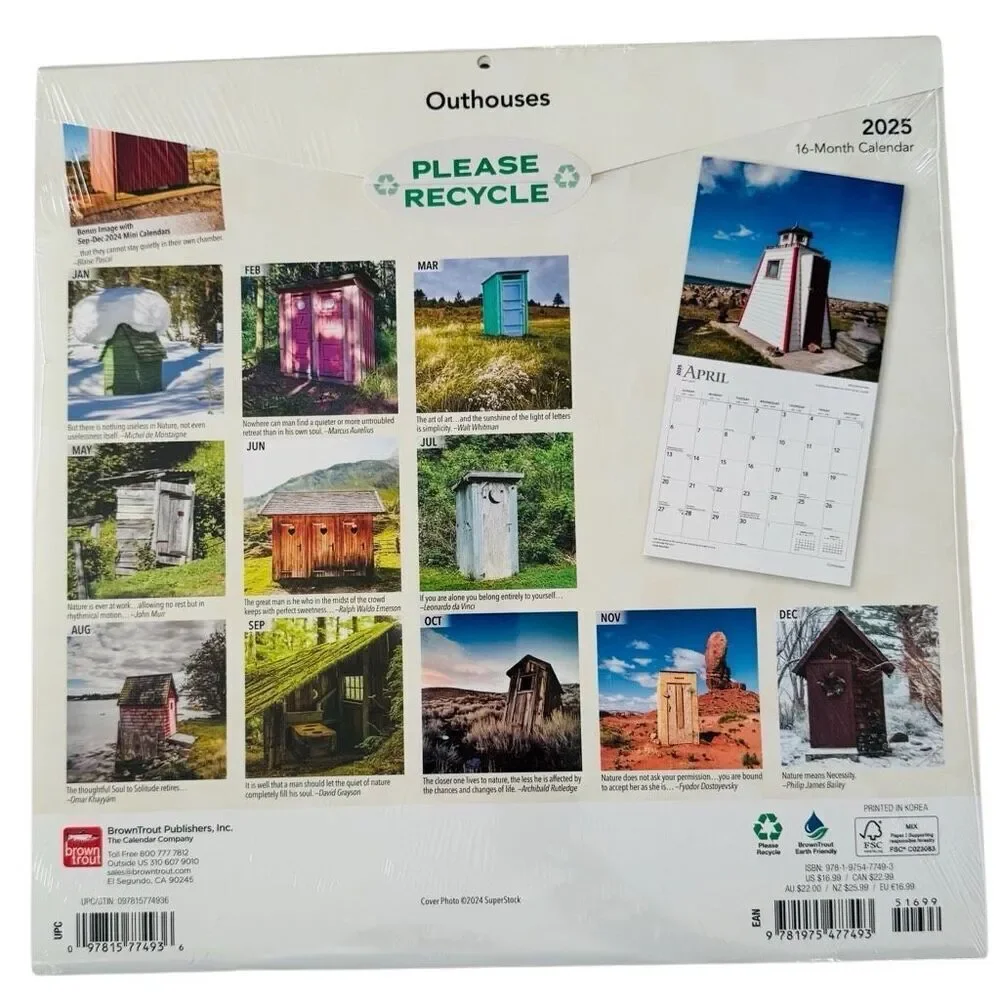 Brown Trout Outhouses 2025 12 x 12 Wall Calendar 16 month NEW